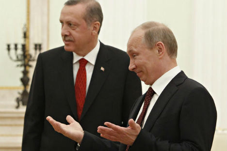 Russian President Vladimir Putin (right) meets with Turkish Prime Minister Recep Tayyip Erdogan. Source: Sergei Karpukhin/AP